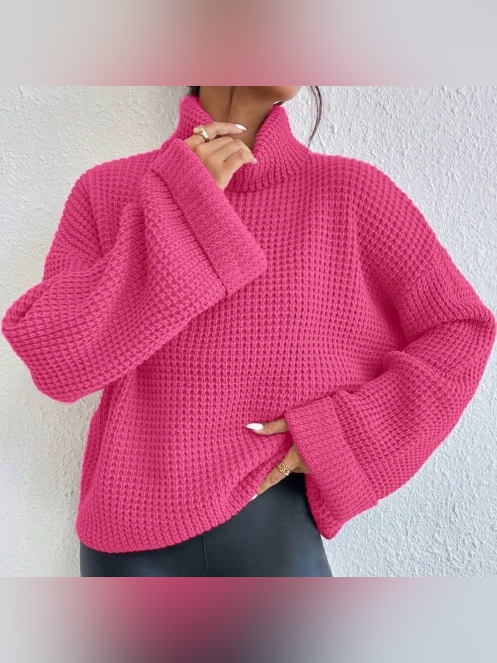 Women’s Hot Pink Turtleneck Waffle Knit Sweater